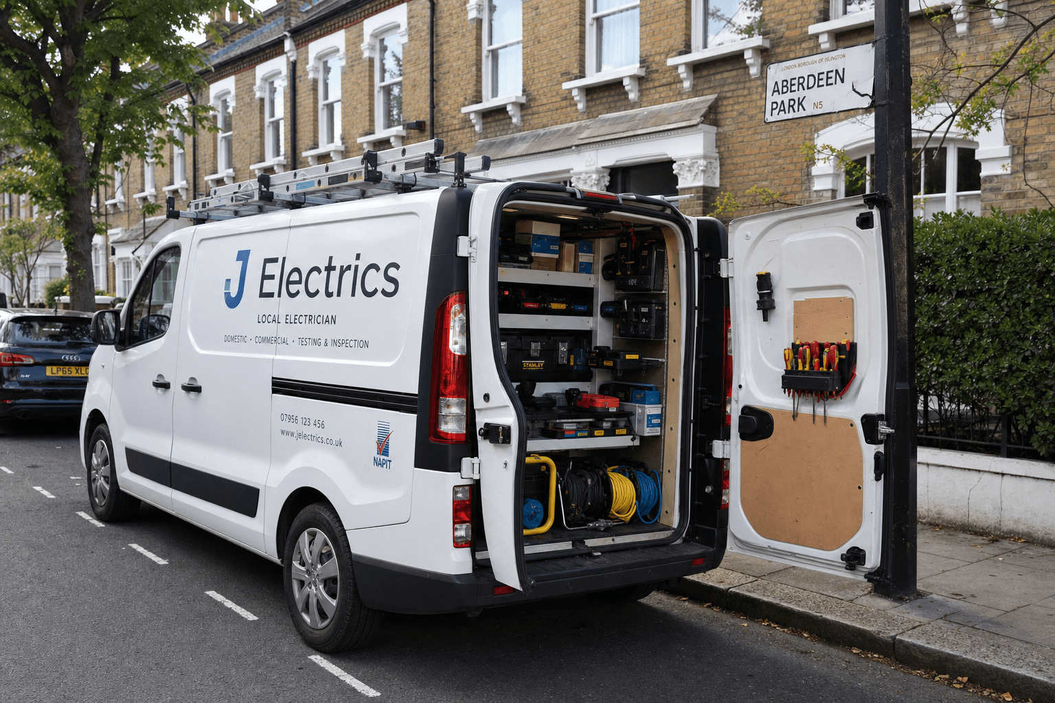 J Electrics van parked on a residential street in Islington, North London