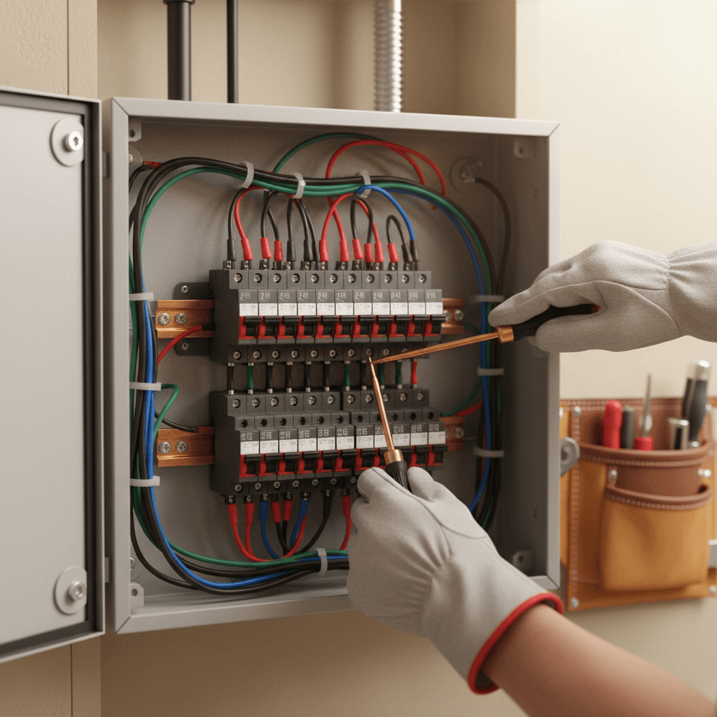 Electrician's gloved hands installing circuit breaker panel with precision tools and copper wiring connections visible